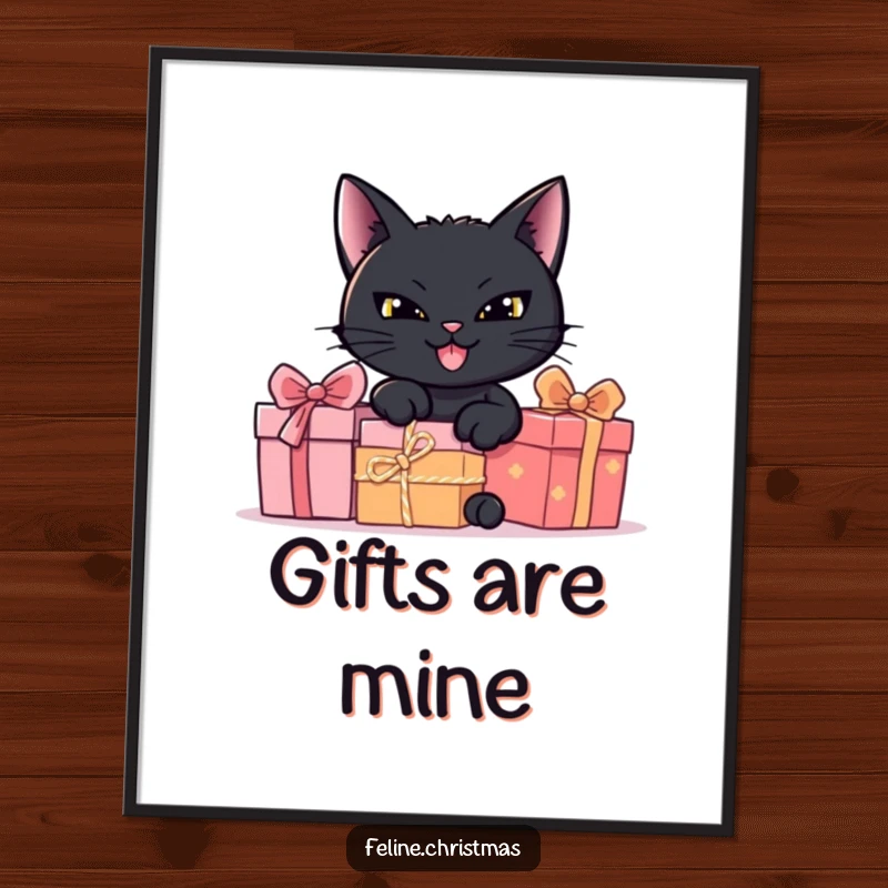 Funny black cat with a mischievous grin hiding behind presents, a humorous poster for cat-themed decor.