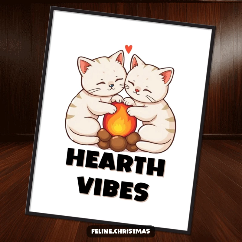 Funny Kawaii Cats Poster: Two cats are curled up by a warm hearth, embodying funny domestic tranquility and cute companionship.