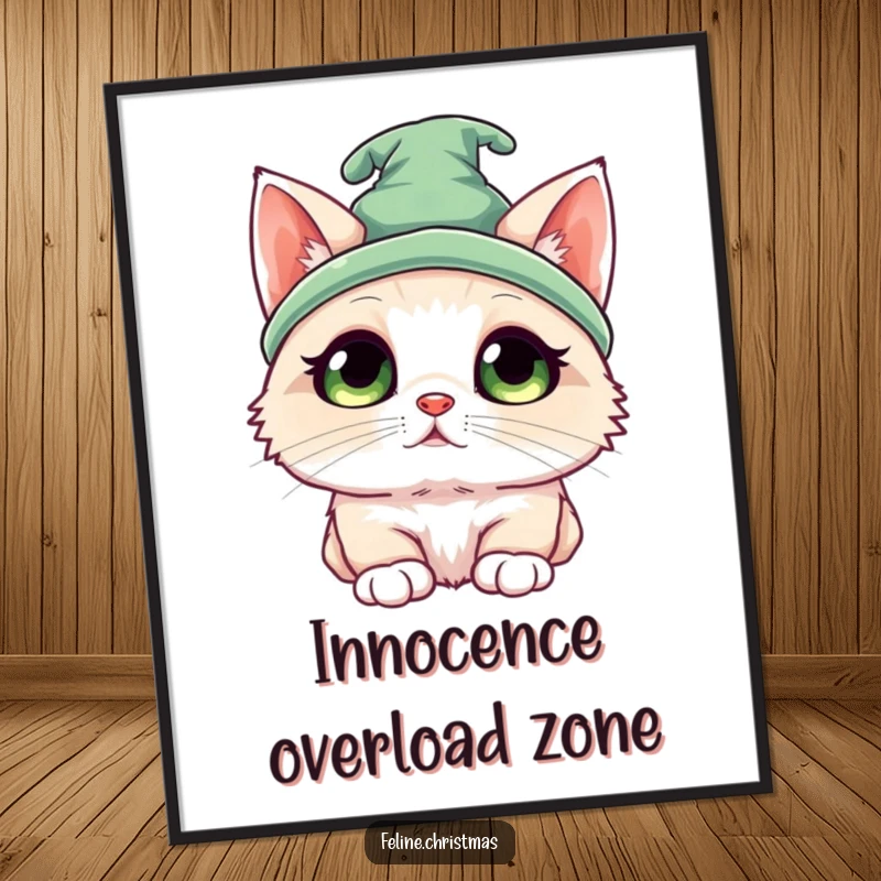 Funny Kawaii Ragdoll Elf Cat Poster: A cute cat with a tiny elf hat looking up innocently, a heartwarming piece of holiday art.