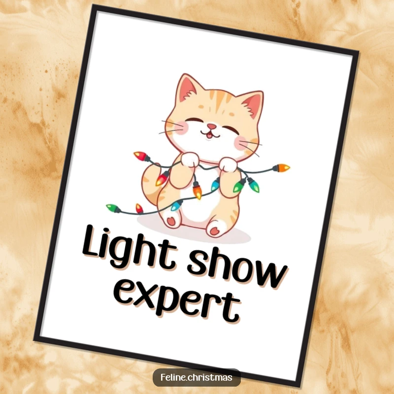 Funny Poster: Kawaii cat playfully wrestling and getting tangled in a string of colorful, festive Christmas lights, full of holiday spirit.