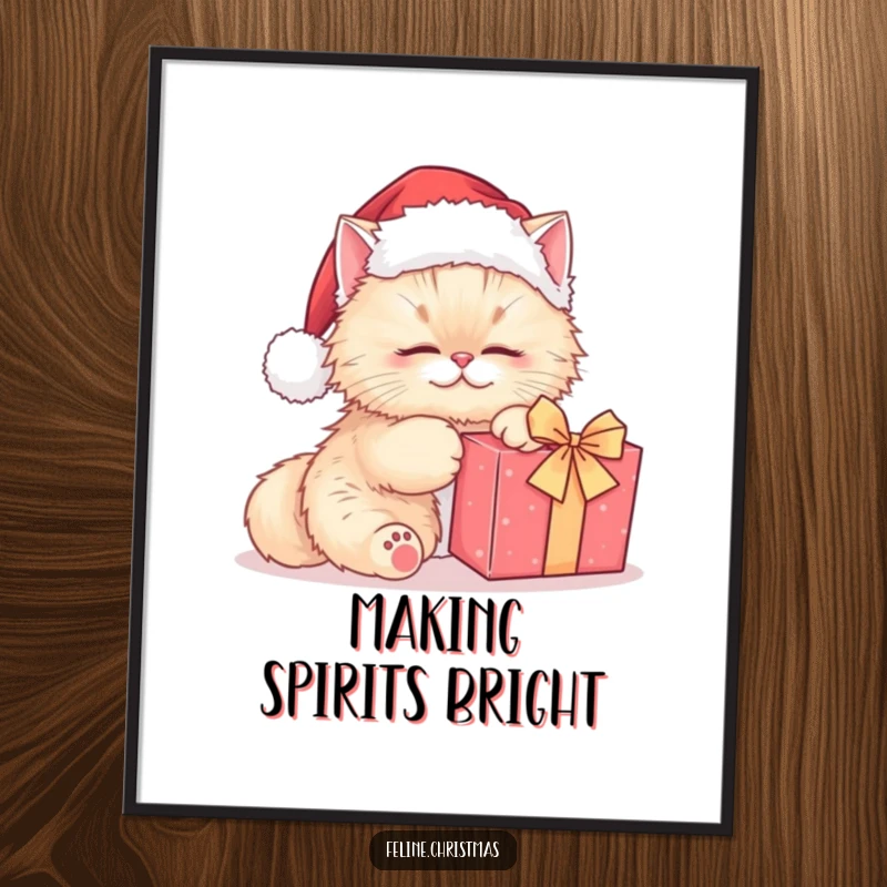 Funny Persian cat Santa poster, a cute cat in a Santa hat kneading a gift, capturing a heartwarming holiday scene.