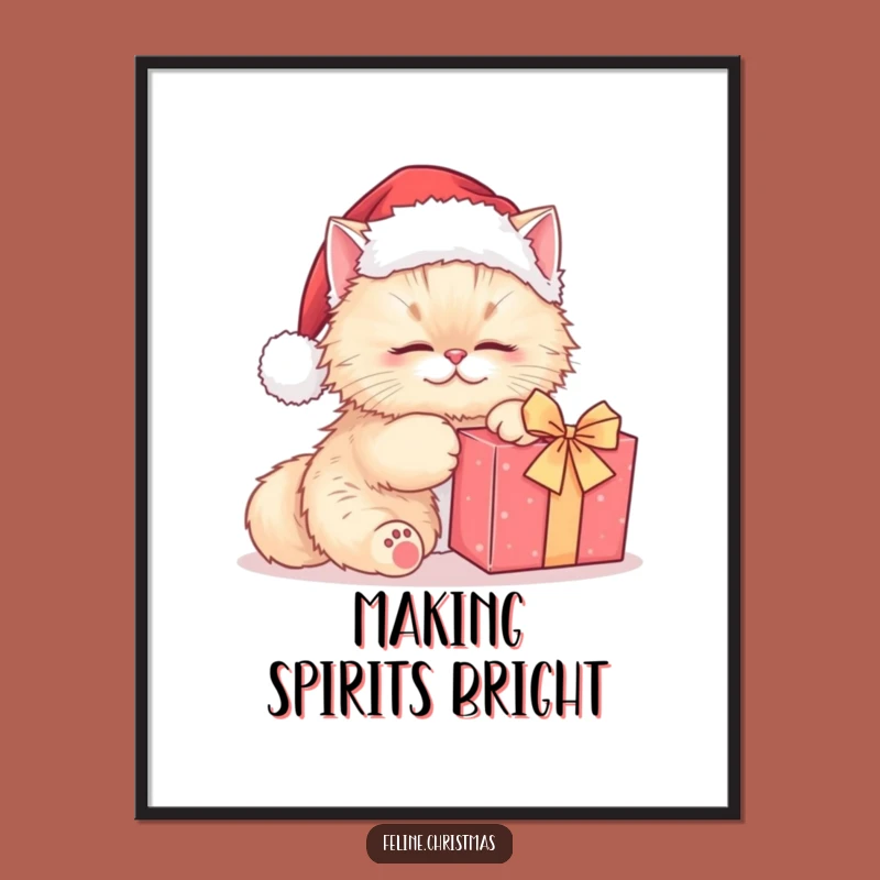 Funny Persian Cat Santa Poster: Cute Kitty Kneading Present, Whimsical Holiday Decor