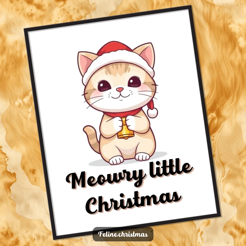 Funny kawaii cat wearing a Santa hat and holding a tiny bell, as charming wall art.