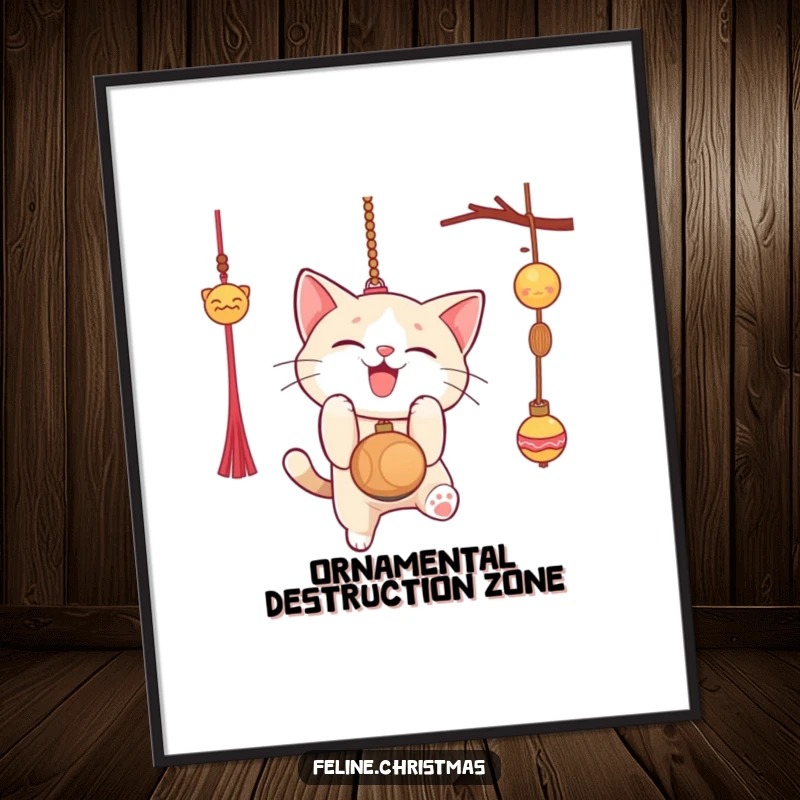 Funny Christmas poster of a cat gleefully pouncing on a dangling ornament, festive wall art for a humorous holiday vibe.