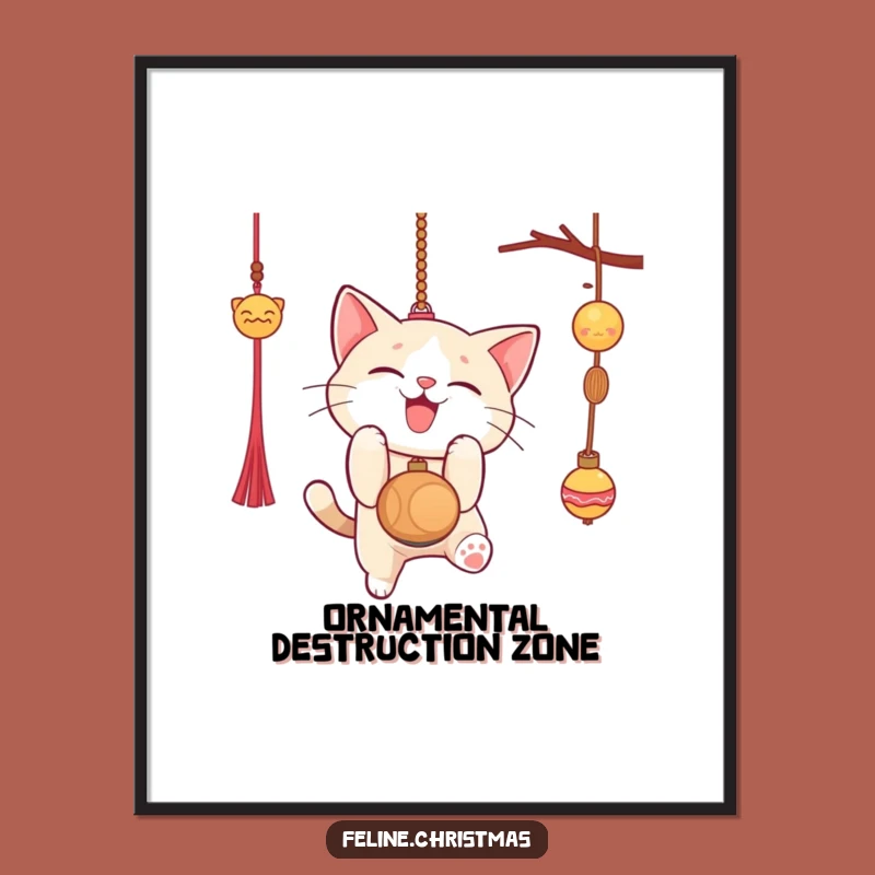 Funny Cat Ornament Poster: Gleeful Pounce, Festive Wall Art, Hilarious Holiday Gift