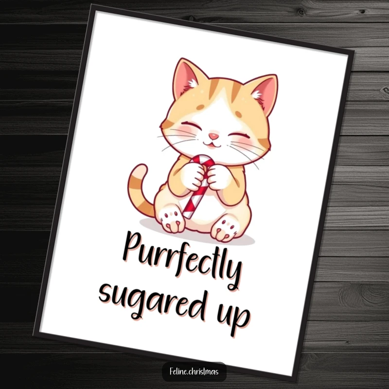 Funny cat poster displaying a cute kitten holding a candy cane, perfect holiday wall decor and a cheerful gift.