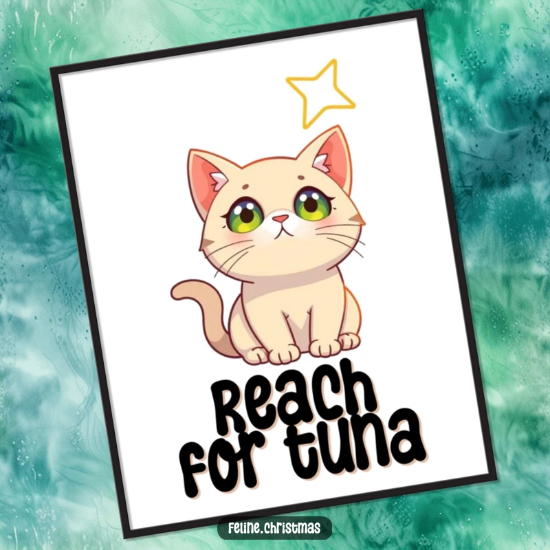 Funny Cat Star Poster: An artistic depiction of a cat with wide eyes observing a radiant star, creating a sense of awe.