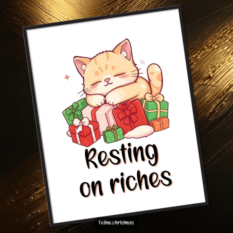 Funny cat poster: a content cat peacefully sleeps on a heap of festive red and green Christmas presents, exuding relaxation.