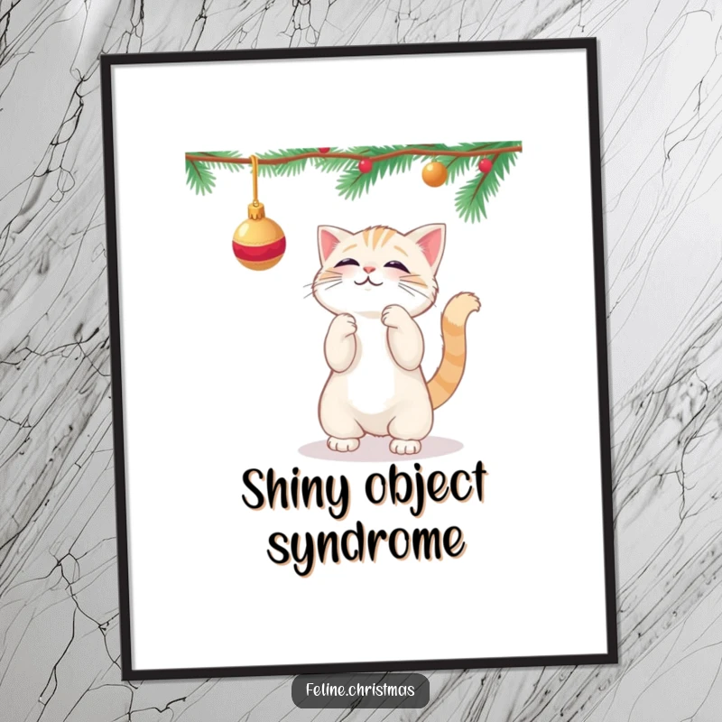 Funny kawaii cat playfully batting at a dangling Christmas ornament, as charming wall art.