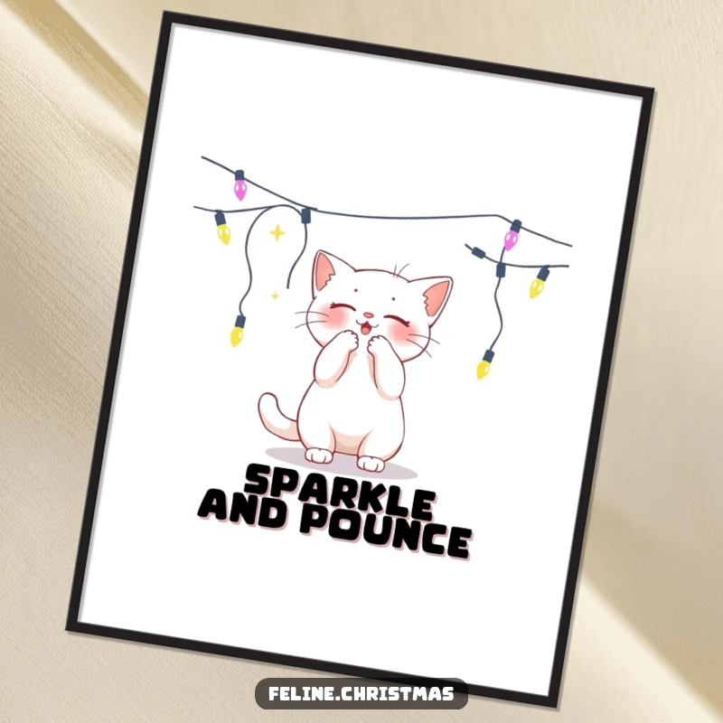 Funny white cat batting playfully at a dangling string of lights, a cheerful and humorous poster.