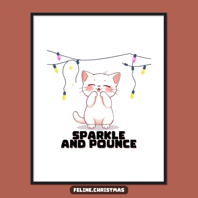 Funny White Cat Lights Poster - Playful Holiday Feline Wall Art