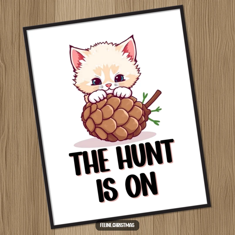 Funny fluffy kitten pouncing on a rolling pinecone, a dynamic and humorous poster for cat lovers.