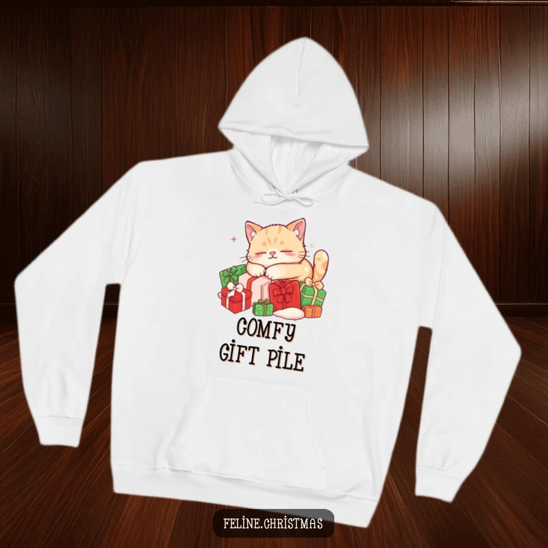 Funny cat hoodie: a content feline naps on a pile of festive Christmas presents, offering cozy comfort and holiday vibes.