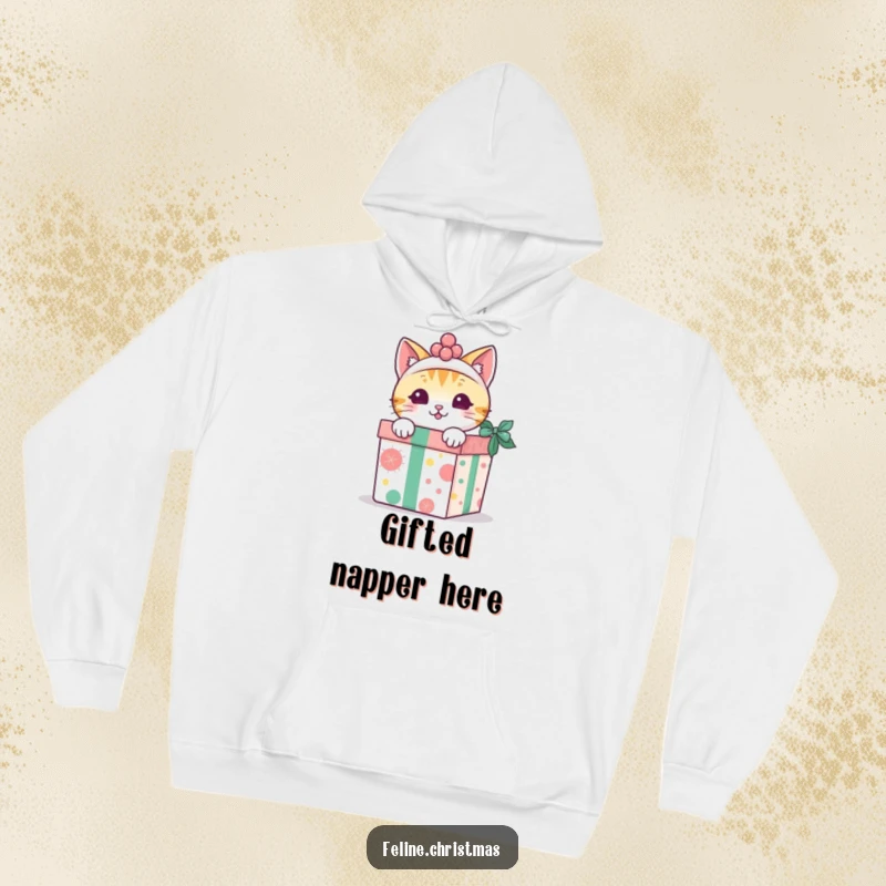 Funny kawaii cat peeking out from a decorated gift box, printed on a soft, warm hoodie.