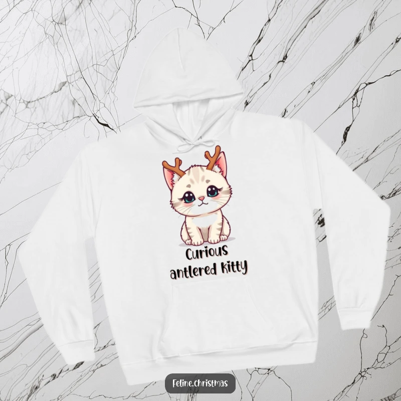 Funny kawaii cat wearing tiny reindeer antlers with a curious expression, printed on a soft, warm hoodie.