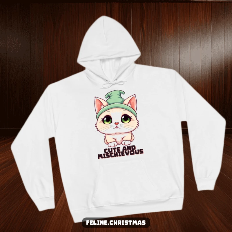 Funny Kawaii Ragdoll Elf Cat Hoodie: A cute cat wearing a tiny elf hat, looking up with wide, innocent eyes, perfect for cozy holidays.