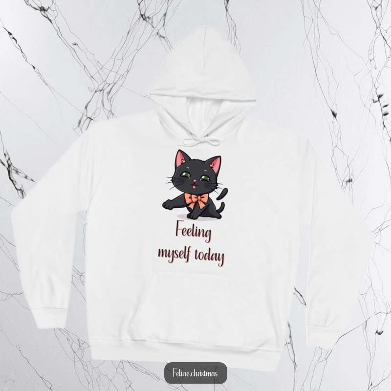 Funny black cat hoodie featuring a festive bow-wearing cat in a humorous, playful, and elongated stretching pose.