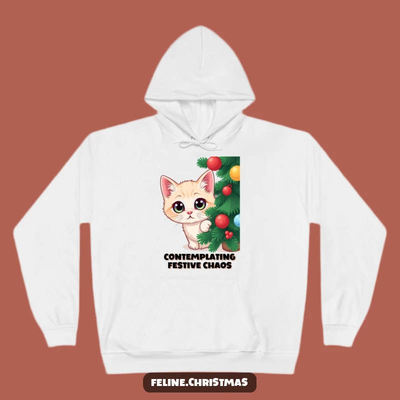 Funny Cat Christmas Hoodie: Wide-eyed feline hiding, a cozy and hilarious holiday gift.