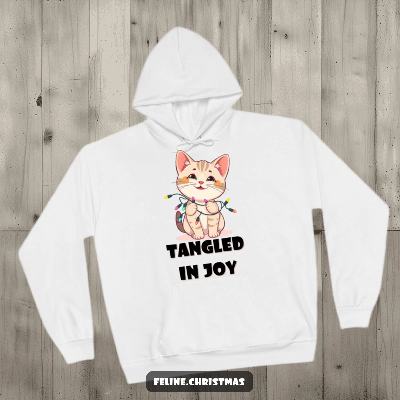 Funny cat hoodie: a playful kitten tangled in festive Christmas lights, exuding holiday cheer and playful chaos.
