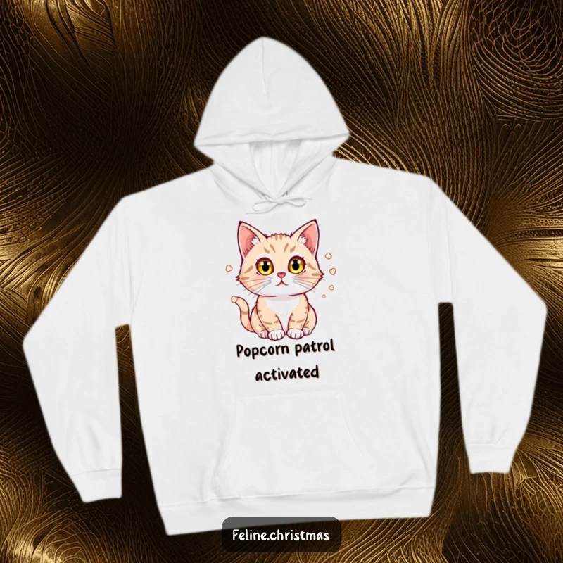 Funny Cat Hoodie: A cat with bright, alert eyes intently observes popcorn bouncing, showcasing fascination and pure entertainment enjoyment.