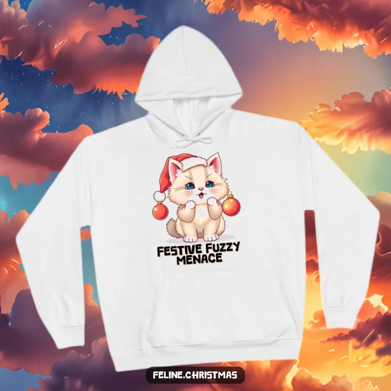 Funny cat hoodie: cozy fluffy kitten in a Santa hat batting a Christmas ornament, perfect for staying warm and cheerful.
