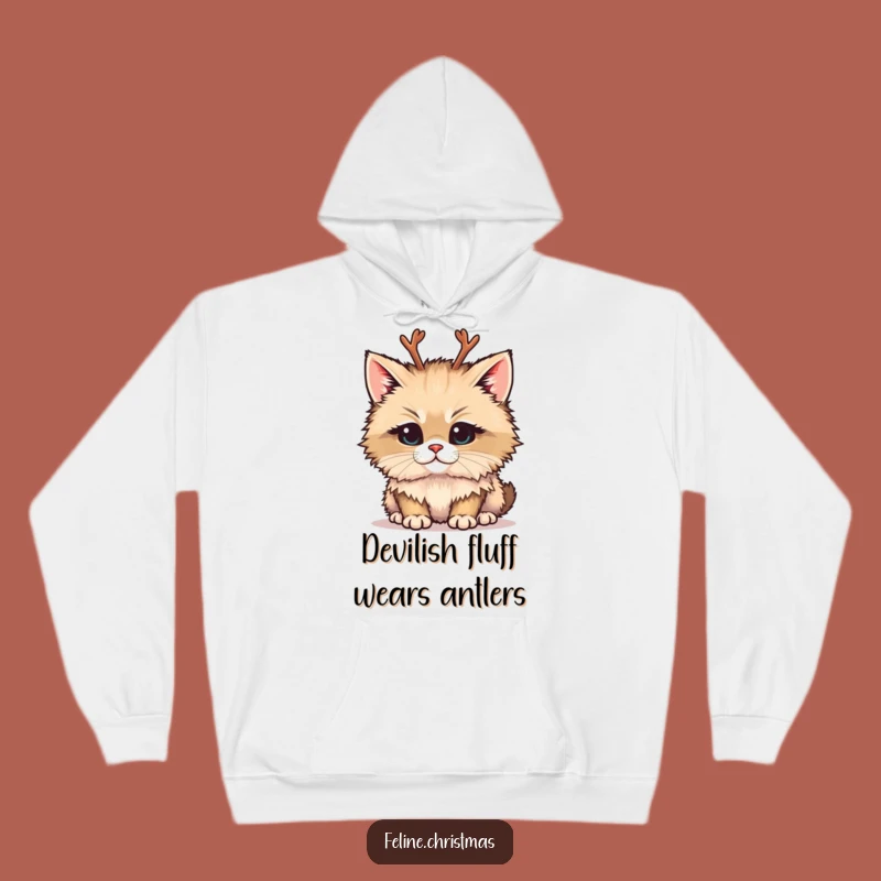 Funny Cozy Hoodie: Mischievous Cat with Antlers, Warm Holiday Gift