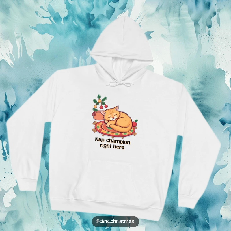 Funny ginger cat curled up asleep on a festive rug, a warm and humorous hoodie.