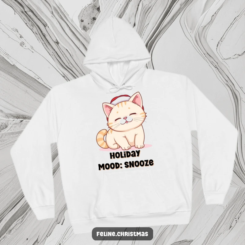 Funny Cat Hoodie: A cat in a miniature Santa hat performs a lazy stretch, showcasing a blissful smile and ultimate holiday comfort.