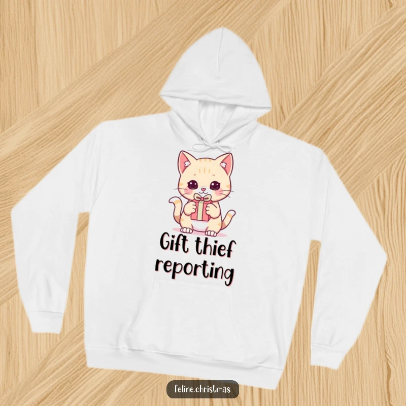 Funny Hoodie: Kawaii cat holding a tiny gift, eyes focused, body coiled, ready to pounce playfully and adorably.