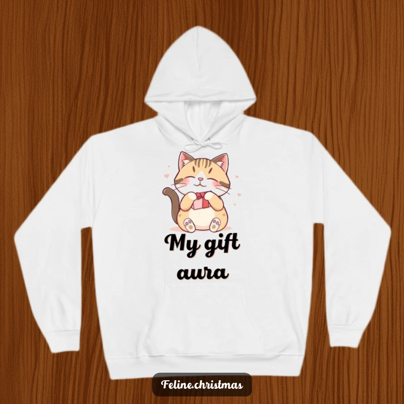 Funny hoodie showing a blissful cat rubbing against a holiday gift, embodying cozy contentment and festive cheer.