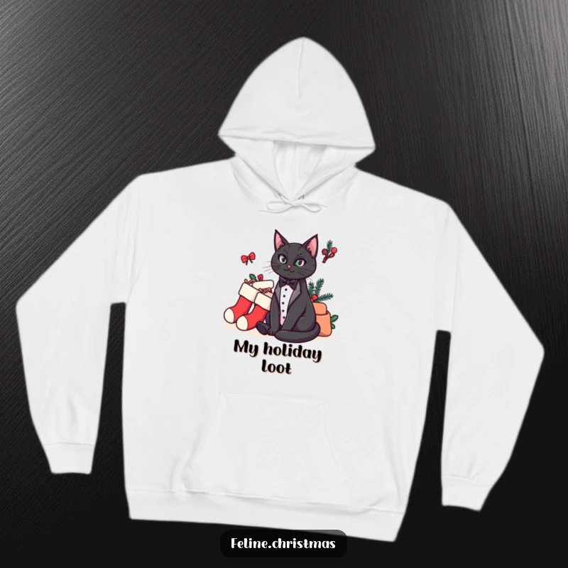 Funny hoodie depicting a dignified tuxedo cat resting regally next to a large collection of Christmas stockings, a truly humorous sight.