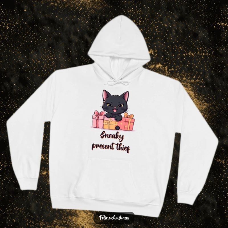 Funny black cat with a mischievous grin hiding behind presents, a cozy hoodie for cat lovers.
