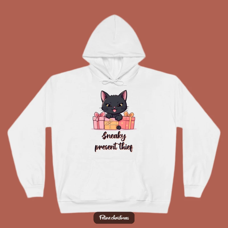Funny Black Cat Hiding Presents Hoodie - Cozy and Mischievous Gift
