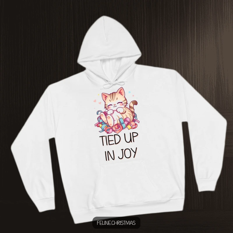 Funny Kawaii Striped Cat Ribbon Hoodie: A happy cat joyfully rolling in festive ribbon, embodying playful holiday spirit.