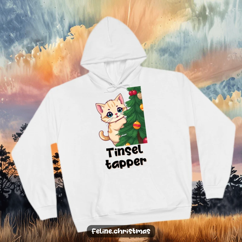 Funny Kawaii Cat Hoodie: A cat attempts to climb a Christmas tree, perfect for a funny festive look.