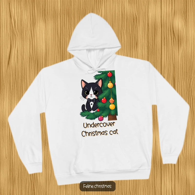 Funny tuxedo cat Christmas hoodie, a cute cat with a festive bow tie peeking from behind a tree, offering warmth and holiday spirit.