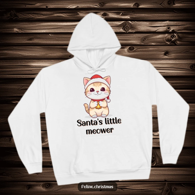 Funny kawaii cat wearing a Santa hat and holding a tiny bell, printed on a soft, warm hoodie.