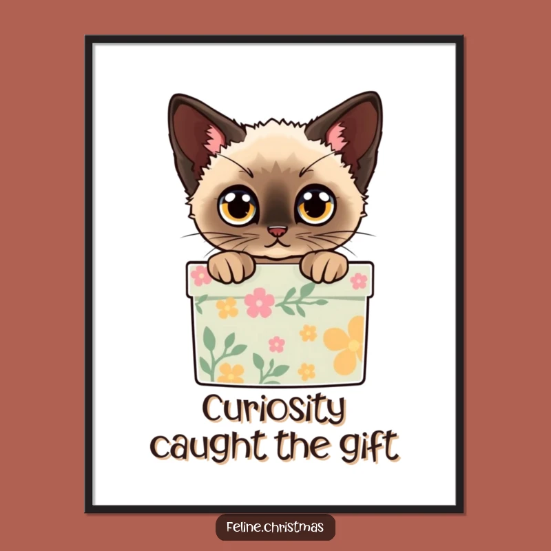 Free Printable Funny Siamese Cat Art - Peeking Gift Box Downloadable Wall Decor