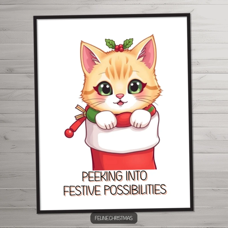 Funny Free Printable Wall Art: Cat with festive collar peeking out from a Christmas stocking, cozy and cute.