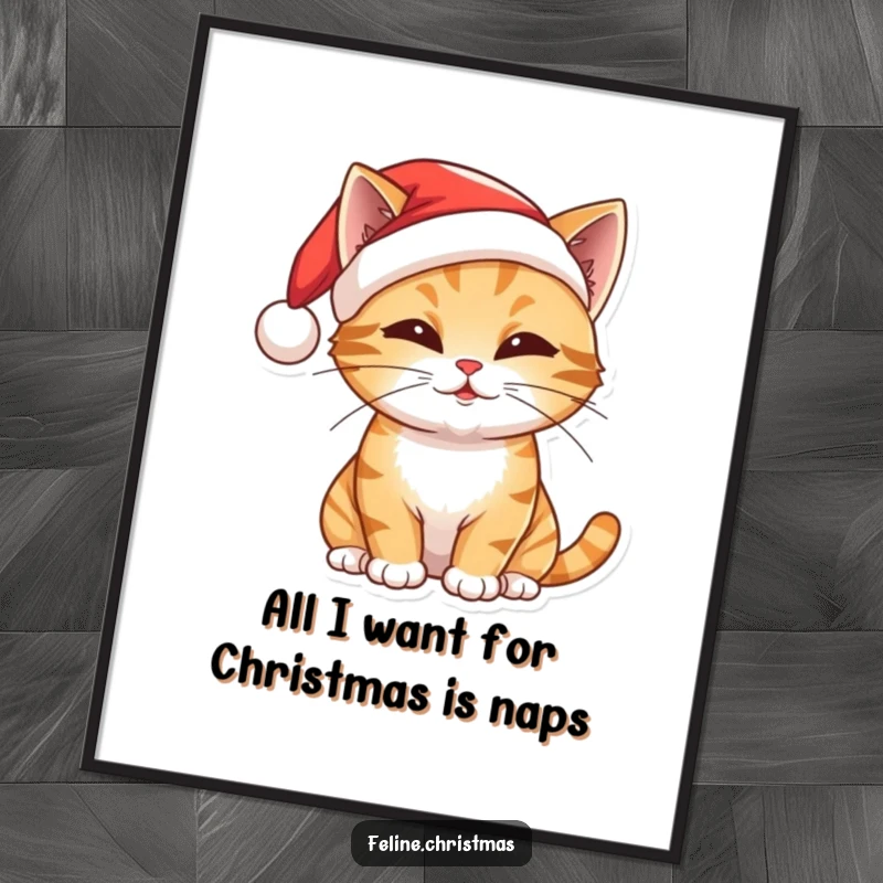 Funny Free Printable Wall Art: Cute cat in Santa hat, batting a toy with playful holiday spirit.