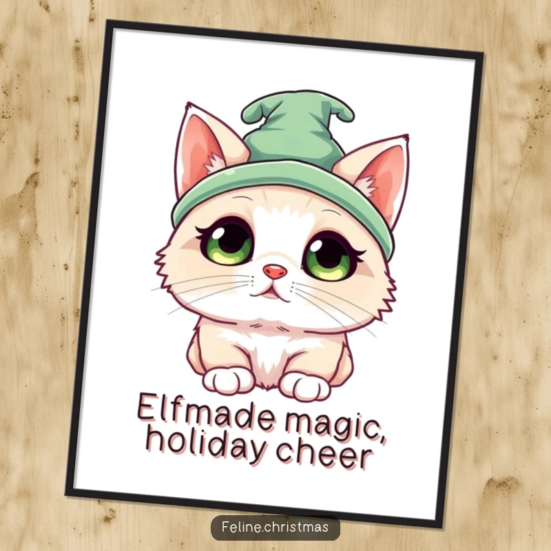 Funny Free Printable Elf Cat Wall Art of a kawaii ragdoll cat in an elf hat with wide, innocent eyes.