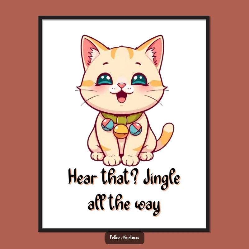 Free Printable Funny Cat Wall Art - Jingle Bell Kitty Whimsy Downloadable Decor Gift
