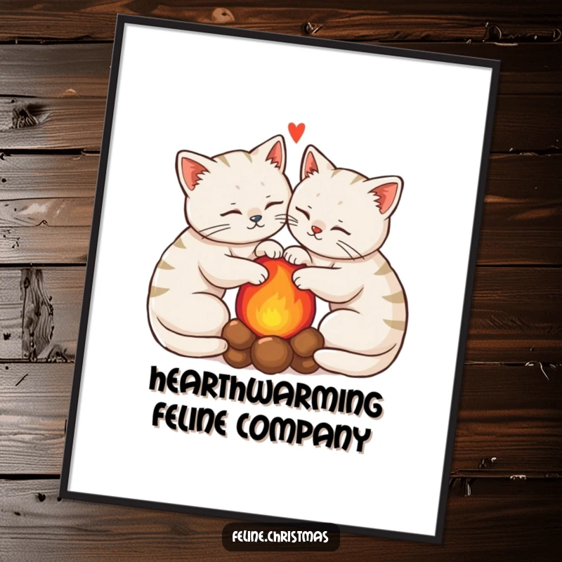 Funny Free Printable Wall Art: Two kawaii cats curled cozily around a warm hearth, a serene downloadable piece.