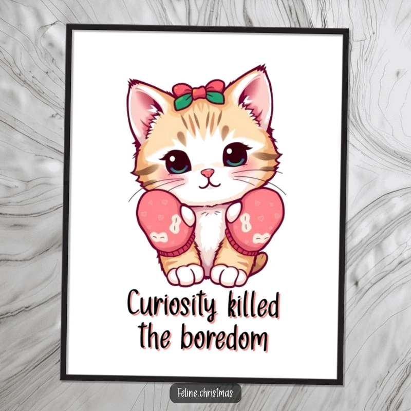 Funny Free Printable Wall Art: Curious kawaii kitten in festive mittens, looking sweet and inviting.