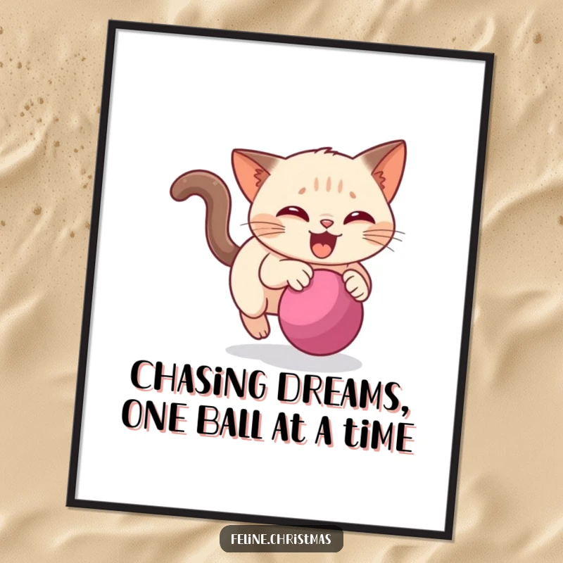 Funny Free Printable Wall Art: Siamese cat in joyous pursuit of a rolling bauble, full of playful energy.