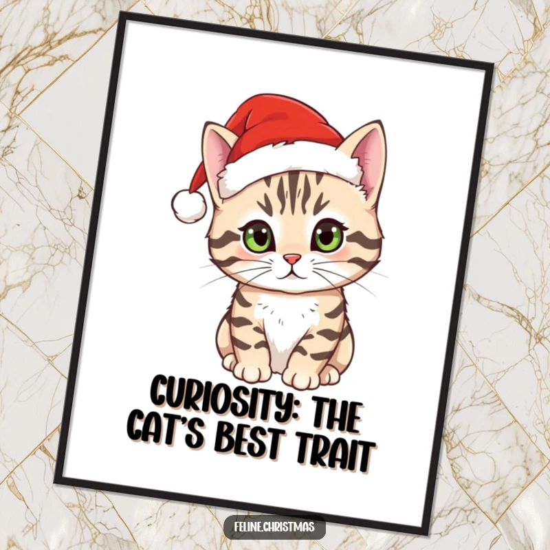 Funny Free Printable Wall Art: Tabby cat wearing a miniature Santa hat, looking around with an inquisitive expression.