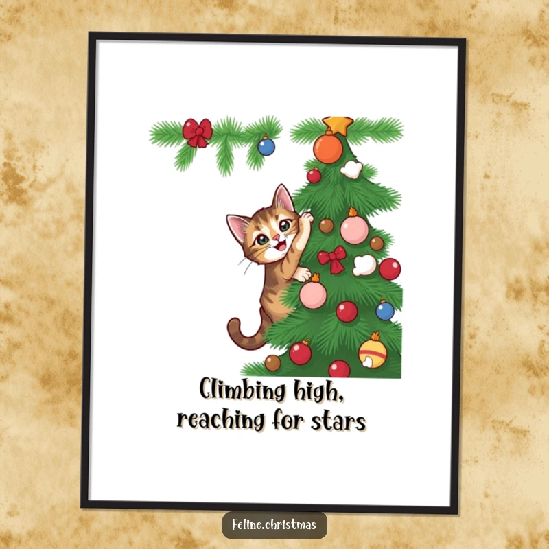 Funny Free Printable Wall Art of a tabby cat climbing a Christmas tree with playful intent, a whimsical downloadable artwork.