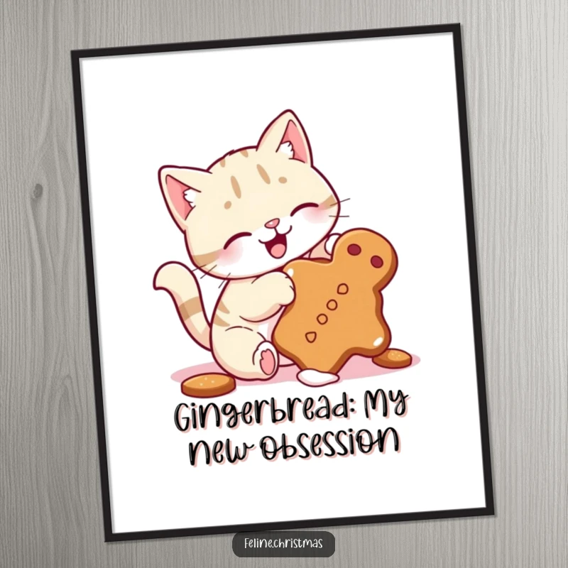 Funny Free Printable Wall Art: Cute cat with wagging tail playfully batting a tumbling gingerbread cookie, holiday theme.
