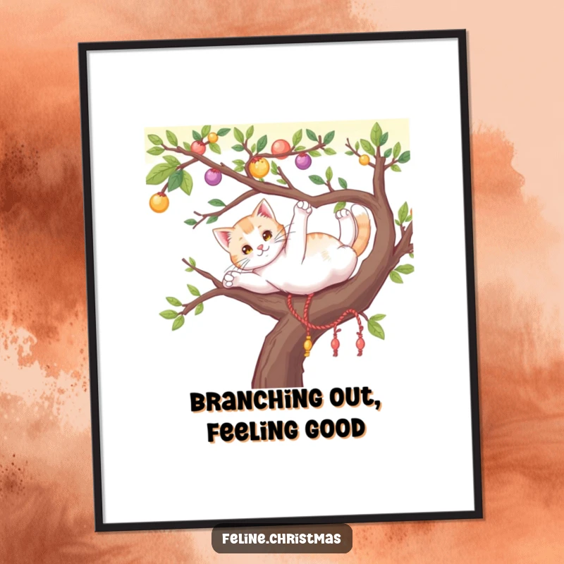 Funny Free Printable Wall Art: A graceful cat stretching leisurely on a vibrant, decorated tree branch, adding artistic flair.