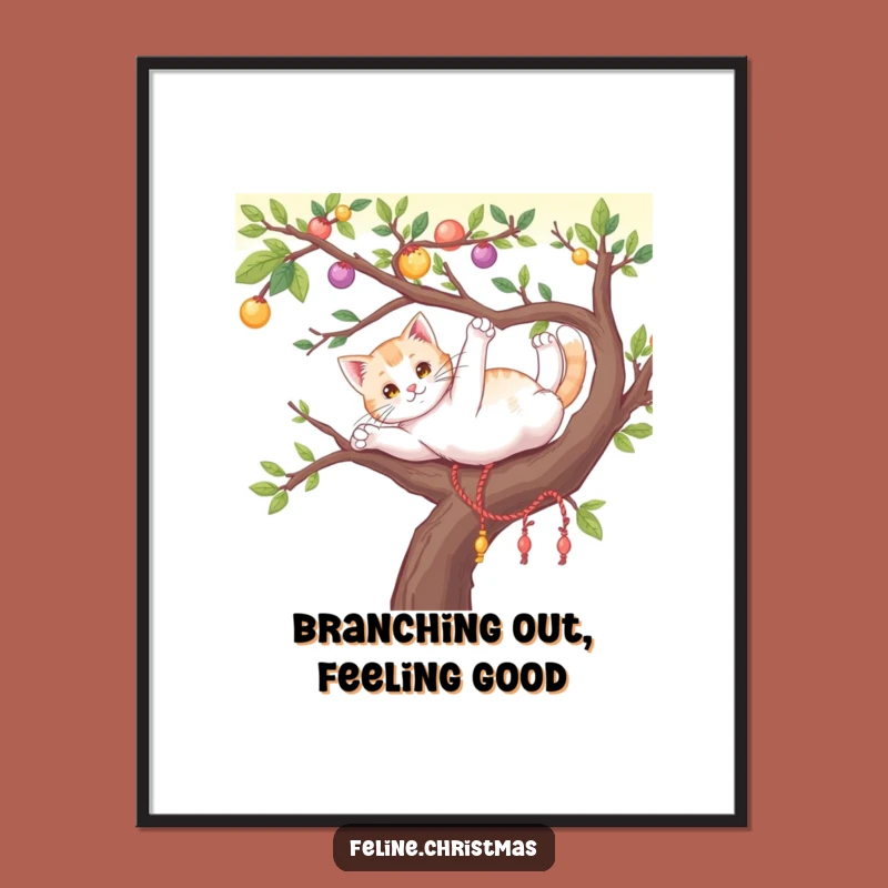 Free Printable Wall Art: Cat Stretching on Branch, Funny Downloadable Decor